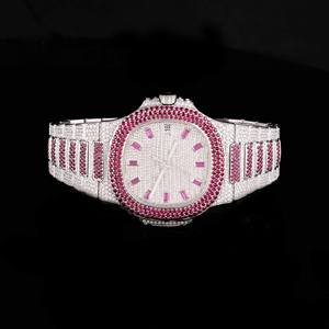 Reloj de Pulsera de Lujo con Diamantes Moissanite Rosados VVS, Esfera de Cristal, Acero Inoxidable de Alta Calidad, Dorado Blanco, Mecanismo ETA Analógico - Product Image 1