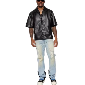 Chemise décontractée noire en satin à manches courtes pour homme, col rabattu, style urbain, tenue d'été - Product Image 2