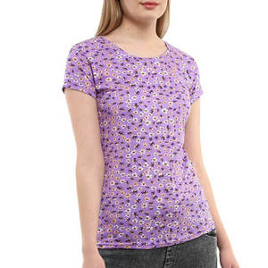 T-shirt à manches courtes pour femme, imprimé floral violet, respirant, 100% coton, haut décontracté pour le printemps - Product Image 1