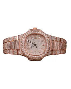 Montre de luxe pour homme, style hip-hop antique, entièrement sertie de diamants Moissanite VVS, ronde, en or rose avec bracelet serti de diamants - Product Image 1