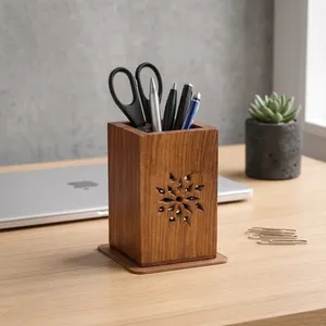 Wooden Pen Holder Stand Pencil Cup Makeup Brush Holder <b>Desk</b> <b>Organizer</b> Office Table Storage Decorative Wooden Stationery - Product Image 6
