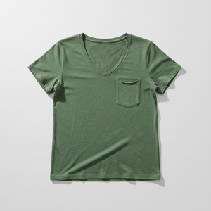 Camiseta de Manga Corta con Cuello en V y Bolsillo para Mujer, Corte Holgado, Algodón Suave y Ligero, Etiqueta Personalizada, Proveedor Mayorista OEM - Product Image 4