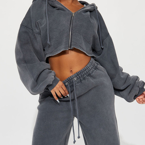 High Quality Casual Two-Piece Women's Winter Sports Wear <b>Set</b> Solid Pattern Acid Wash Joggers & Hoodie Top Zipper Rhineston <b>Sets</b> - Product Image 4