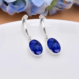 Boucles d'oreilles pendantes en argent sterling 925 avec saphir bleu naturel, bijoux de mariage faits à la main pour femmes - Product Image 5