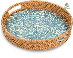 Kitchen & Living Room Applicable Rattan Serving Tray with Mother of Pearl Inlay Wooden Base - Product Image 2