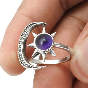 Natural Amethyst Gemstone Light Weight Silver <b>Rings</b> Crafted From 925 Sterling Silver Handmade Sun & <b>Moon</b> Design Boho <b>Ring</b> - Product Image 2