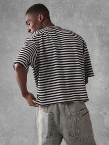 Camisetas de hombre personalizadas de corte holgado vintage, 220g, hombro caído, 100% algodón, estilo urbano a rayas, proveedor B2B de EE. UU. - Product Image 5