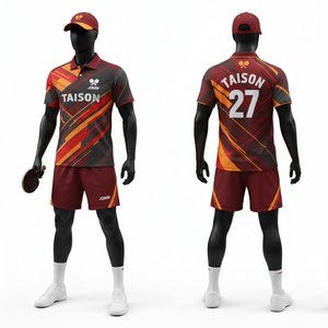 Tenue de tennis de table pour hommes 180 GSM en polyester premium anti-humidité, avec empiècements bordeaux, noir et orange, logo personnalisé par sublimation - Product Image 6