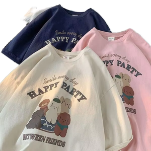 Camiseta de algodón para mujer, cuello redondo, manga corta, corte holgado, estampado de dibujos animados, fiesta divertida entre amigos, informal, para todas las estaciones - Product Image 1