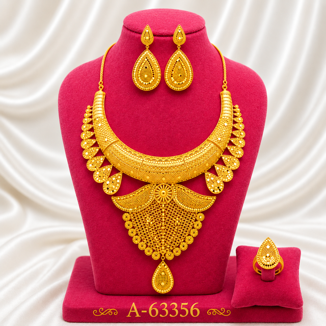 Classic 24K Gold Plated Jewelry Set Necklace Earrings Ring Women's Water Drop Design Wedding Fashion Alloy A-63356