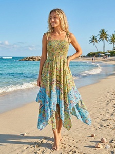 Vestido Midi Bohemio Floral para Mujer con Cuello Atado, Tirantes Finos, Volantes, Dobladillo Asimétrico, Holgado, Línea A, de Seda Antiarrugas, Casual de Verano - Product Image 5