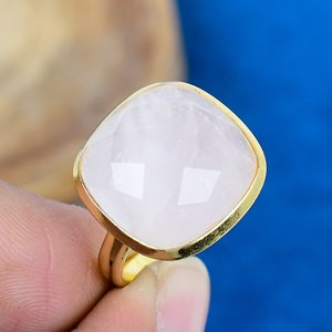 Natural Rose Quartz Gemstone Cushion Shaped <b>Ring</b> 18k Gold Micron Over 925 Sterling <b>Silver</b> - Product Image 1