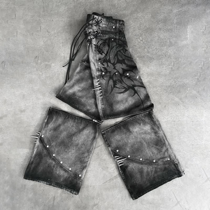 OEM Gothic <b>Bleach</b> Wash Wide Leg Men's Jeans Studded Spike Lace-Up Tribal Print Streetwear Denim Pant - Product Image 5