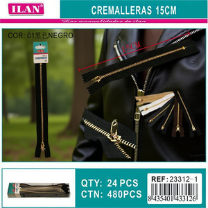 Cerniere Ilan 15 cm nere con denti in metallo color rame per abbigliamento e borse - Product Image 3