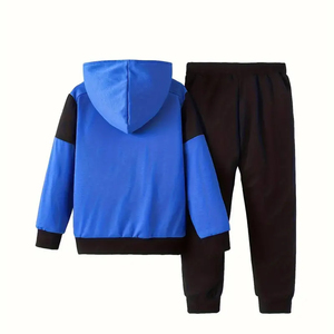 <b>Boys</b> Blue Black Color Blocking Hooded Tracksuit Set Full Sleeve Casual Autumn Wear With Side Pockets Elastic Waist 2027 - Product Image 2
