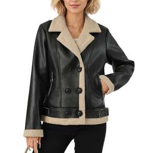 Vestes en cuir PU vintage pour femmes, grandes tailles, col à revers, manches longues, vestes en cuir rembourrées, veste bomber rétro coupe-vent - Product Image 5