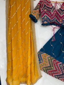Ensemble Lehenga Choli indien traditionnel bleu en coton brodé, longueur ras du sol, coupe classique, pour femme, tenue de mariage, anti-humidité - Product Image 4