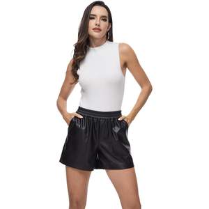 Shorts en cuir noir pour femmes sur mesure, sexy, taille haute, élastiques, décontractés, faux cuir PU, motif tendance, grande taille S-XXL, avec poches - Product Image 3
