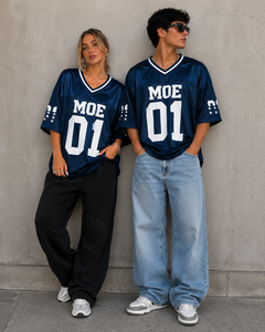 Camiseta Deportiva Personalizada de Fútbol Americano, Unisex, Azul, Corte Cuadrado, Oversize, con Rayas, Cuello en V, Transpirable, para Hombre - Product Image 5