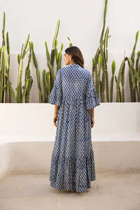 Vestido Maxi Boho Estampado 100% Algodón Ecológico con Borlas, Cuello Mandarín, Manga Campana, Corte Holgado, Patrón Geométrico, Formal, Verano - Product Image 6