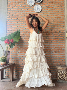 Vestido Maxi Bohemio Blanco con Volantes y Capas, Sin Mangas, Tejido, Cintura Natural, Algodón Orgánico Ecológico, para Verano, Playa y Resort - Product Image 4