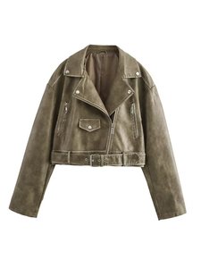 <b>Mens</b> <b>Brown</b> Genuine <b>Leather</b> Windproof Moto Jacket Turn-down Collar Zipper Closure <b>Belted</b> Short Fit Autumn Winter Wear Solid Color - Product Image 2