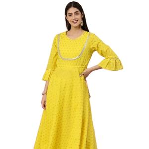 Kurta Anarkali de Verano de Algodón Cambric con Estampado Butti Dorado, Amarilla, con Falda Acampanada, Ropa Étnica Tradicional Festiva para Mujer, Envío Rápido - Product Image 1