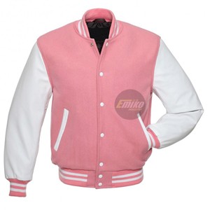 Chaqueta Varsity para Hombre de Emiko Industry, Color Rosa y Blanco, Cuerpo de Lana, Mangas de Cuero, Cierre de Botones, Estilo Letterman, Precio al por Mayor - Product Image 4