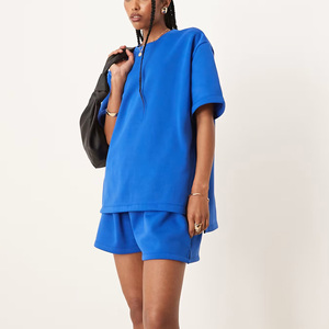 Conjunto de Dos Piezas Azul para Mujer, Camiseta de Manga Corta y Pantalones Cortos, Corte Holgado Informal, Cuello Redondo, Diseño con Letras Estampadas, para Primavera/Verano - Product Image 2