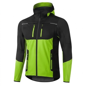 Men's Windproof Fleece <b>Jacket</b> Color Blocking Hooded Zipper Closure Sporty Style Autumn Wear Regular Fit Black <b>Lime</b> <b>Green</b> - Product Image 2