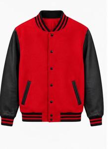 <b>Red</b> Men's <b>Varsity</b> <b>Jacket</b> With <b>Black</b> Leather Sleeves Button Closure Casual Style Autumn Wear - Product Image 2