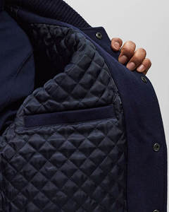 High Quality Men's Navy Varsity <b>Jacket</b> Solid Color Turn-down Collar Button Closure Regular Fit Casual Autumn Wear <b>Fleece</b> <b>Lining</b> - Product Image 3
