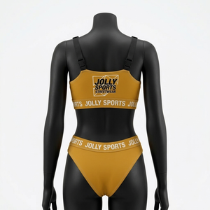 Conjunto de bikini amarillo mostaza de poliéster y spandex premium de 200 GSM, traje de baño elástico con logo de transferencia térmica y banda jacquard, conjunto de bikinis para mujer - Product Image 2