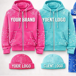 Custom Logo Winter Breathable 100% Cotton Pink Rhinestone Zip Streetwear Hoodie <b>Jogger</b> Sweatsuit <b>Set</b> <b>Matching</b> Beanie Men - Product Image 5