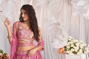 Pink Floral Embroidered Lehenga Choli Set Zari <b>Sequin</b> Organza Georgette Dupatta Wedding Party Dress for Women - Product Image 2