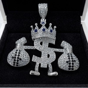 จี้รูปสัญลักษณ์ดอลลาร์ประดับเพชรแบบ Iced Out พร้อมมงกุฎและถุงเงิน โมอิสซาไนต์ เงินแท้ 925 ชุบโรเดียม สไตล์ฮิปฮอป เครื่องประดับผู้ชาย - Product Image 6