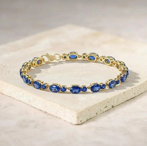 Oval Cut Lab Grown Blue Sapphire Stone Charm <b>Bracelet</b> in 925 Sterling Silver Gold Plated Elegant Luxury Handmade Jewelry - Product Image 2