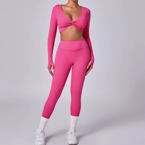 Ensemble de leggings et soutien-gorge de sport personnalisé, respirant, extensible dans quatre directions, en Spandex/Nylon, taille haute avec cordon de serrage, effet froncé, pour l'entraînement et le yoga - Product Image 3