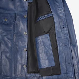 Blouson en cuir véritable pour homme, coupe ajustée, bleu vieilli, style motard en peau de mouton, col montant, vêtement d'extérieur hiver - Product Image 6