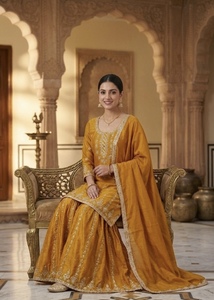 Ensemble Sharara en Soie Mousseline Pure avec Broderie Lourde, Entièrement Cousu, Bordure Fantaisie, Dupatta, Robe de Soirée Designer MW 5063 - Product Image 4