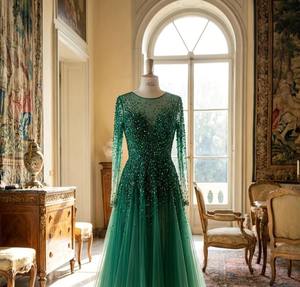 Vestido de Noche Verde Esmeralda de Manga Larga, Vestido de Tul con Cuentas Hechas a Mano, Vestido de Graduación Personalizado, Fabricante OEM - Product Image 1