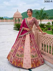 Beige Floral Print Embroidered Georgette <b>Lehenga</b> Choli Dupatta Floor Length Bridal Wear 3054-A V-Neck Sleeveless A-Line Classic - Product Image 4