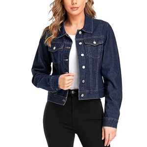 Veste en jean pour femmes, veste en jean bleue à manches longues avec 2 poches avant, vestes en jean en gros avec logo personnalisé - Product Image 2