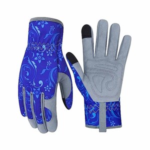 Guantes de Jardinería de Primera Calidad con Estampado Floral Azul, Pantalla Táctil, Palma Acolchada de Gamuza Sintética Gris, Guantes de Seguridad para Exteriores - Product Image 1