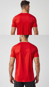 เสื้อยืดกีฬาคอกลมแขนสั้นผู้ชายแบบกำหนดเอง ผ้าโพลีเอสเตอร์ 220 GSM แห้งเร็ว ดีไซน์หน้าเรียบ รับผลิตแบบ OEM/ODM สั่งซื้อจำนวนมาก - Product Image 3