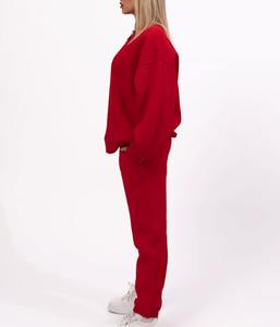 Conjunto Deportivo de Invierno para Mujer, Sudadera con Cierre y Pantalones Anchos de Cintura Alta, Diseño Vintage en Color Contrastante - Product Image 5