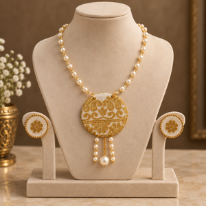 Elegant Muga Silk Fabric Pearl Necklace <b>Set</b> with Handcrafted Floral Pendant and Matching Earrings Traditional <b>Indian</b> <b>Jewellery</b> - Product Image 1