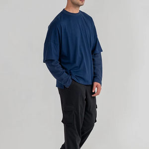 Camiseta de algodón de doble capa para hombre, color azul, con logotipo personalizado, camiseta de doble capa de alta calidad para hombre, para uso casual y estilo urbano. - Product Image 5