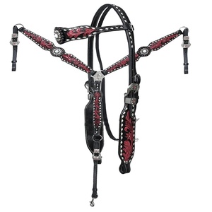 Salopette occidentale en cuir véritable gaufré à la main Style selle anglaise confortable et durable ensemble de colliers de poitrine Concho indien - Product Image 1