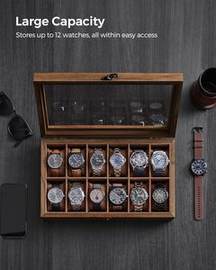 12-Slot Watch <b>Box</b> Watch Display Case with <b>Large</b> Glass Lid Removable Pillows Velvet Lining <b>Gift</b> Idea - Product Image 4